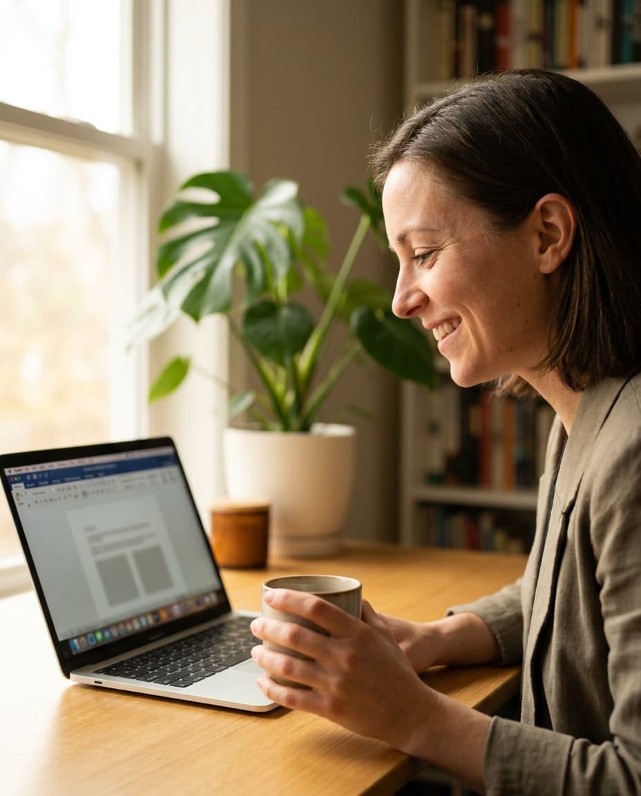 Une candidate révise son CV optimisé sur son ordinateur